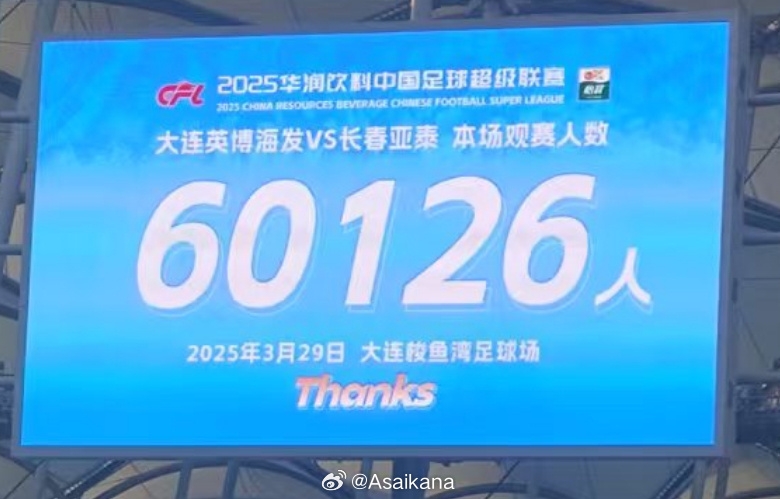 大連英博和長春亞泰吸引60126名觀眾現(xiàn)場觀戰(zhàn)，中超歷史排名第二